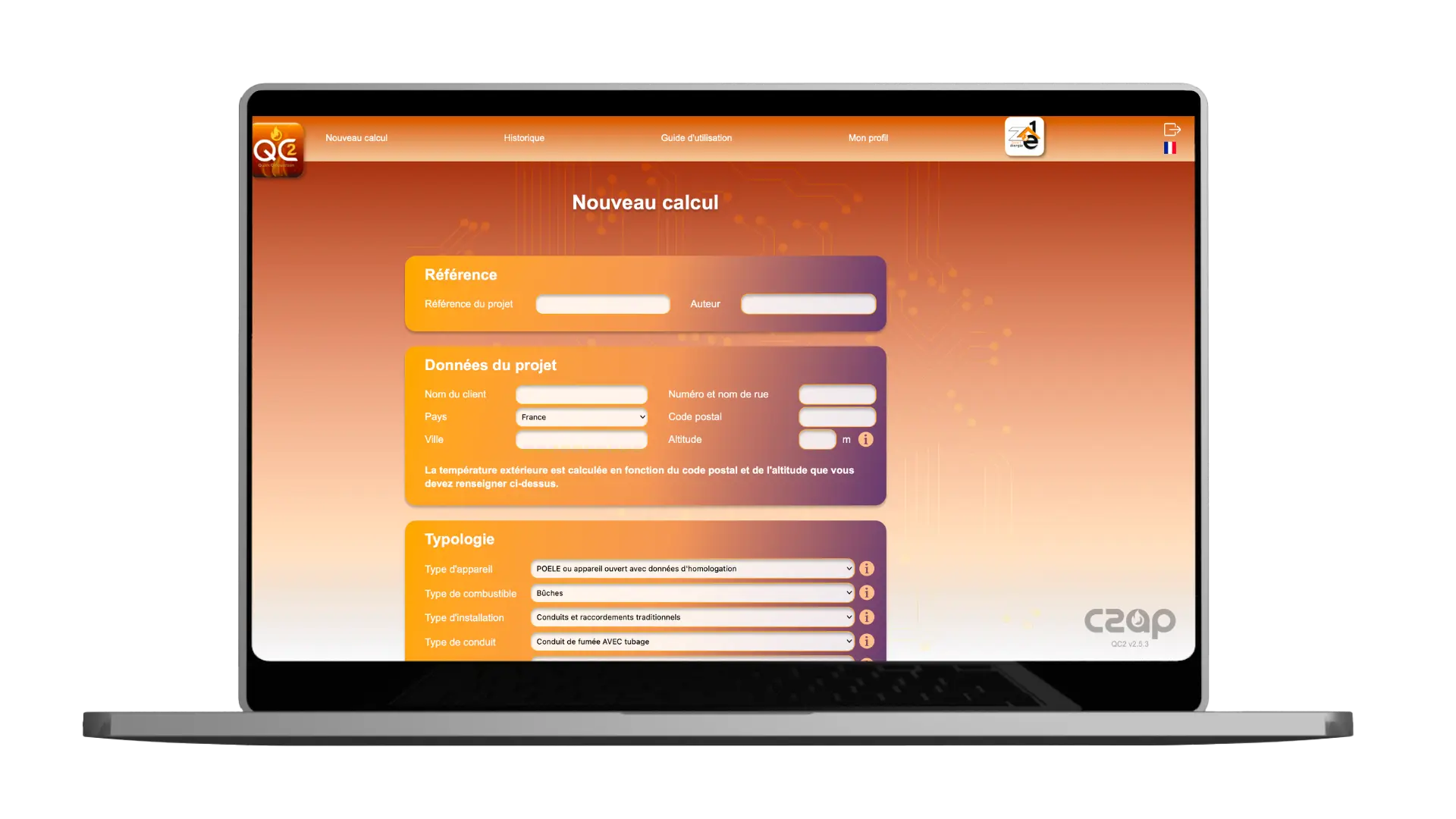 Interface du logiciel QC2 – C2AP, logiciel de dimensionnement des conduits